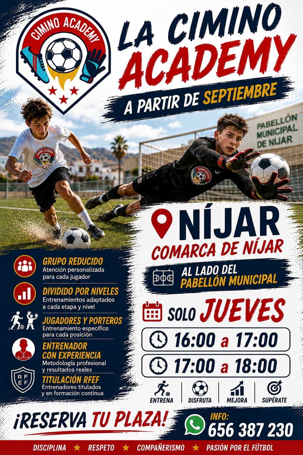 Banner de verano de la escuela de porteros y jugadores de fútbol en Almería