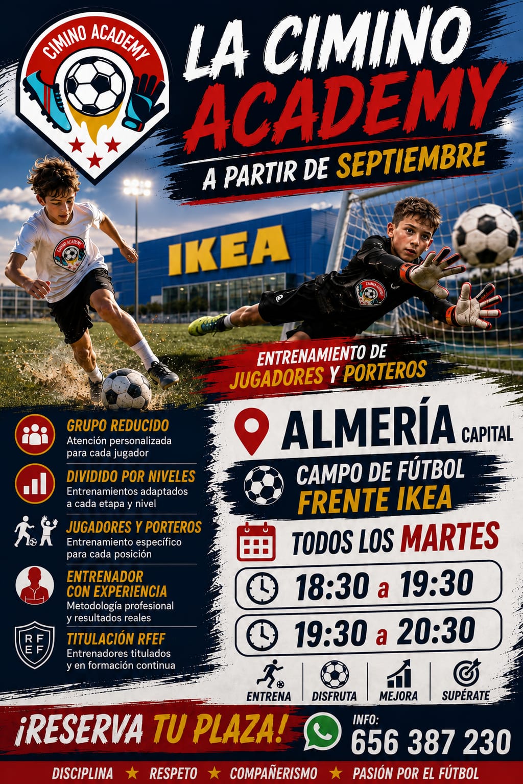Banner de verano de la escuela de porteros y jugadores de fútbol en Almería
